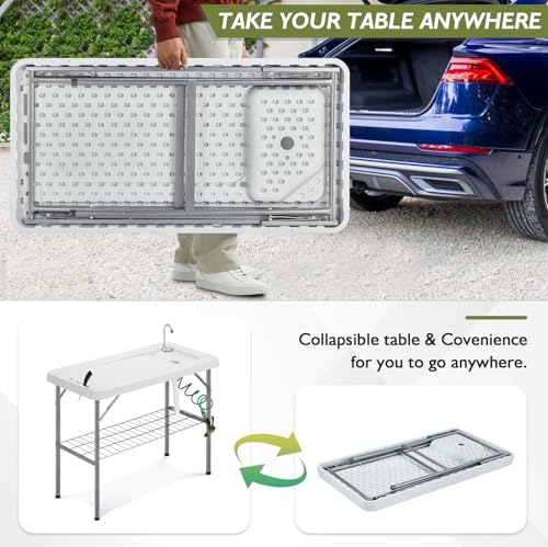 Folding Fish Cleaning Table Portable Camping Sink Table with Faucet Drainage Hose & Sprayer Outdoor Fish Fillet Cleaning Station with Grid Rack & Knife Groove for Picnic Fishing, Grey - style: A Sink-Grey