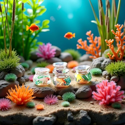 2Pcs Miniature Fish Tank Toy Mini Round Fish Bowls Resin Goldfish Grass for Dollhouse Desktop Craft Project Decor,Mini Fish Bowl,Dollhouse Accessories,Dollhouses Décor