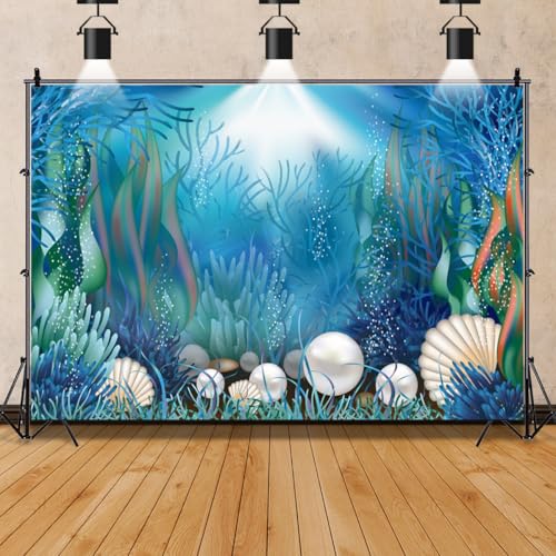 AOFOTO 9x6ft Fairytale Undersea Pearl Shell Backdrop Deep Sea Plants Coral Pearl Mussels Underwater Mermaid's Shelter Background for Photography Happy Birthday Party Banner Baby Shower Photo Booth - size: 9x6ft