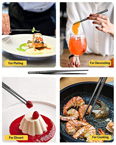 4 Pcs Fine Long Tweezer Tongs Professional Black, 12'' and 10'' Stainless Steel for Kitchen, Food, Cooking, Repairing, Sea food and BBQ - color: Black