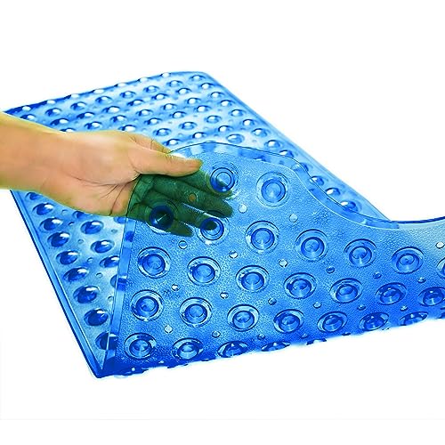 TEESHLY Bathtub Mats for Shower Tub, Extra Long Non-Slip 39 x 16 Inch Bath Mat with Drain Holes and Suction Cups, BathMat for Bathroom with Machine Washable (Clear Blue) - color: Clear Blue