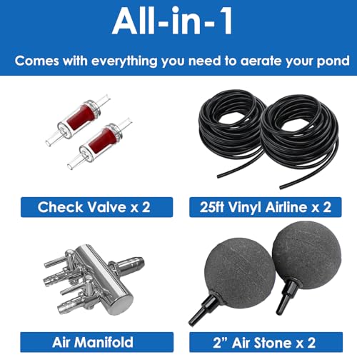 AquaMiracle All-in-One Koi Pond Aerator for Outdoor Ponds up to 1500 Gallons, Pond Air Pump Pond Aeration System with 2-Outlet Manifold Airline Tubing Air Stones Check Valves - size: Up to 1500 Gallon