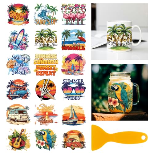 GLOBLELAND 18 Sheets Summer Beach Transfer Stickers 3.9x3.6inch Surfing Decals Stickers Parrots and Flamingos Rub on Transfer for Furniture Vase Glass Mason Jar Decorations Art Crafts - style: Summer Beach