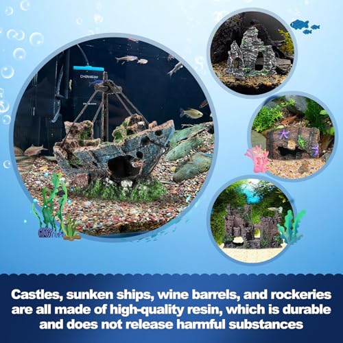 14 Pcs Aquarium Decorations Large Kit，Castle Fish Tank Bubbler Decorations，Starfish Barrel, Resin Cave Rock,Resin Material Sunken Ship,Aquarium Plants Large Fish Bowl Ornaments