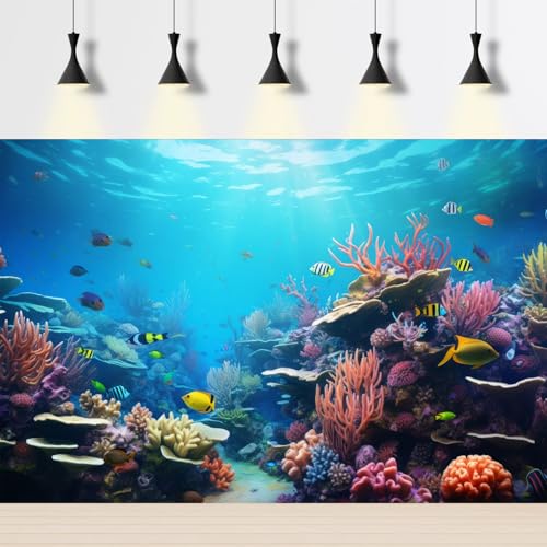 Under The Sea Aquarium Background Vibrant Underwater Wonderland Terrarium Backdrop Coral Reef with Breathtaking Fish Tank Background Deep Ocean Underwater with Sunbeams Backgrounds 24x12in - color: Reef Blue, size: 24(W)x12(H)in