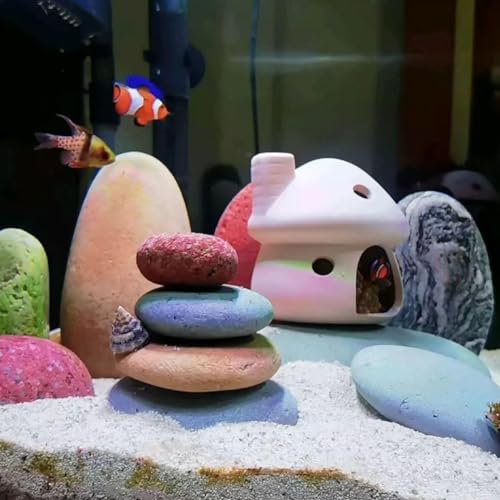 Aquarium Decorations Ceramic Mushroom House with Cave Set for Fish Tank Landscape to Small Shrimp/Goldfishes Hiding Rest and Breed (White)