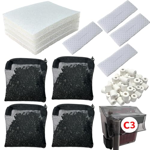 2 Aquarium Filter Media Kits Compatible with Fluval C3 (50 Gal) Aquarium Power Filter, Includes 4 Sponge Pads, 4 Tarpaulins, 4 Activated Carbons, 1 Pack Ceramic Ring - size: C3 Series