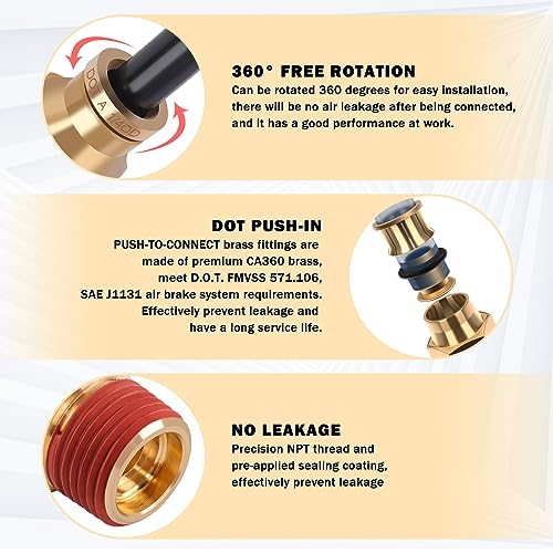 CheeMuii 43 PCS Brass DOT Air Line Fittings 1/4" 3/8" 1/2" DOT Push Lock Air Fittings 100% Brass Quick Connect & NPT Thread Air Hose Fittings Repair Kit for Truck or Industrial Air System - size: 43PCS