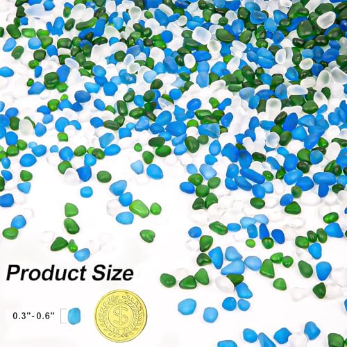 QEQEKAKA Sea Glass Stones for Crafts About 1LB (405g/14.28oz) Glass Pebbles Gemstones Bulk for Beaching Wedding DIY Decoration Aquarium Turtle Tank Vase Filler - color: White Green Blue, size: 1LB (405g/14.28oz)