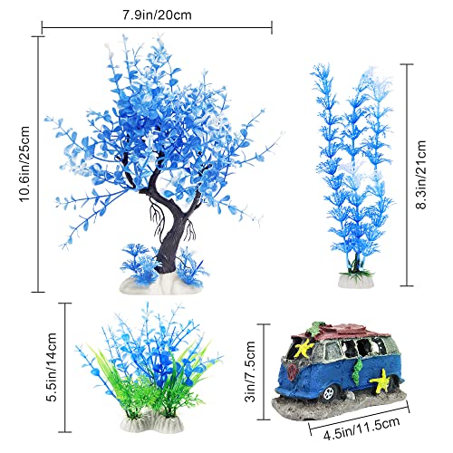 4PCS Fish Tank Aquarium Decorations Plastic Plants with Resin Cave Rock for Fish Hideout (Blue Set) - color: Blue & Green