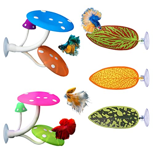 5pcs Betta Fish Leaf Pad Mushroom Silicone Betta Bed Realistic Betta Resting Leaves Mushroom Betta Decor for Small Fish Tank Aquarium Decorations (3 Leaf+2 Mushroom) - color: 3 Leaf+2 Mushroom