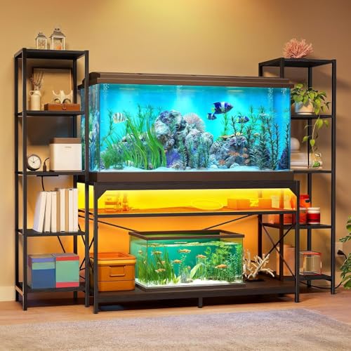 YITAHOME 55-75 Gallon Aquarium Stand with Power Outlets & LED Light, Display Stand for Turtle Tank, Reptile Terrarium, Heavy Duty Metal Fish Tank Stand Suitable for Living Room, Entryway, 860LBS Capacity - color: Black w/ Shelves, size: 55-75 Gallon