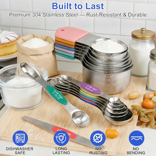Magnetic Measuring Cups & Spoons Set, Strong N45 Magnets, Heavy Duty 304 Stainless Steel Fits in Spice Jars for Baking & Cooking, BPA Free, Round Set of 15 with Leveler, Light Colorful - color: Measuring Cups & Spoons Set of 15(Light Colorful)
