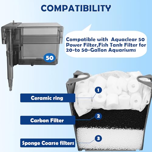 Aquarium Filter Media Replacement for AquaClear 50 Power Filter, Three-Stage Filtration Tank Filter Maintenance Kit, Fish Tank Filter for 20- to 50-Gallon Aquariums