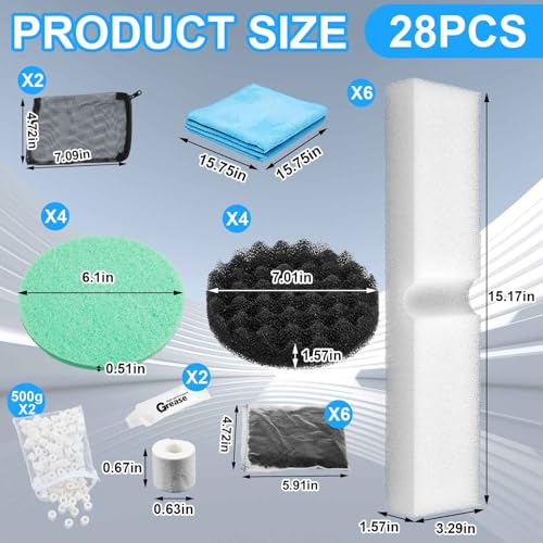 Threlaco 28 Pcs Aquarium Media Kit Compatible with Fluval Fx4/ Fx5/ Fx6 Filter, Carbon Foam Pad, Phosphate Remover Pads, Activated Carbon, Foam Block, Silicone Lube, Towels, Ceramic Ring, Mesh Bag - color: Phosphate Remover Pads