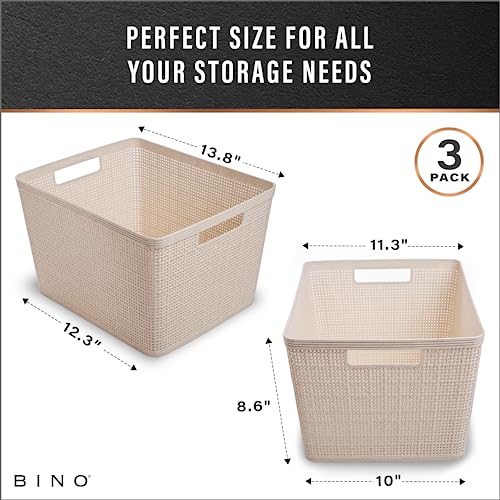 BINO Woven Plastic Basket | Large (Natural), 3-Pack | THE JUTE COLLECTION | Home Organization, Space-Saving Storage, Stylish Design | Plastic Storage Basket - color: Natural, size: 3PK- L