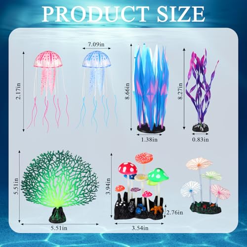 Frienda 8 Pieces Glowing Effect Fish Tank Decorations Artificial Plants with 2 Style Glowing Kelp, Sea Anemone, Simulation Coral, Jellyfish, Lotus Leaf, Mushroom for Aquarium Ornament(Blue, Pink) - color: Blue, Pink