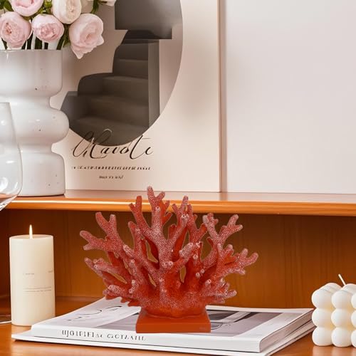 5.8" H Red Orange Coral Decor - Resin Coral Statue, Nautical Decor for Home, Bedroom, Bathroom, Living Room, Ocean Themed Cabinet Shelf Tabletop Decoration - color: Red Orange, size: 5.83"H