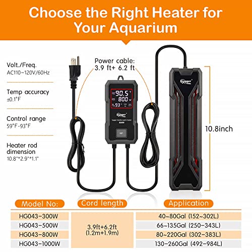 hygger Aquarium Heater 300W/500W/800W/1000W, Submersible Fish Tank Heater with Digital LED Controller and Intelligent Leaving Water Automatically Stop Heating System, for Freshwater and Saltwater - size: 800W for 80-220 Gallon