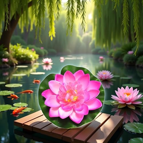 Artificial Floating Foam Lotus Flower with Water Lily Pad,Lifelike Pond Pool Lotus Ornaments,Realistic Ornament for Home Garden Pond Aquarium Decor，Artificial Plants and Flowers (Pink) - color: Pink