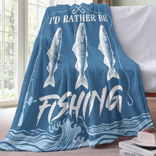 Fishing Gifts for Men Flannel Throw Blanket, I'd Rather Be Fishing Present for Fisherman Hunter Dad Husband, Funny Birthday Ideas, Lake House Soft Bedding Sofa Blankets 50"x60"