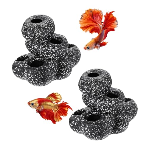 Aquarium Decorations Rocks, 5.9x4.4x4.6 Inch Betta Hide Resin Realistic Fish Tank Ornaments, 2Pcs(Grey), Intended for Small Fish/Shrimp/Guppy - size: 5.9x4.4x4.6 Inch