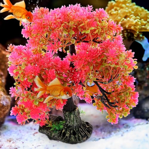 Aquarium Decor Artificial Aquatic Plant Tree with Rock Base Simulation Fish Tank Landscaping Ornament for Home and Desktop Decoration 2.15X2.15X10.14 Inches - color: Red