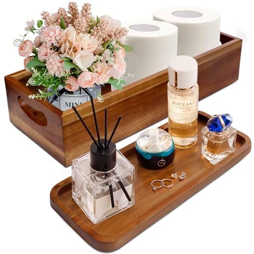 Handmade Toilet Tank Basket Topper & Vanity Tray Set of Natural Acacia Wood by DEMIGO, Created by Skilled Artisans, Smooth, Durable, Attractive Decor for Bathroom, Kitchen, Home, Spa - color: Brown