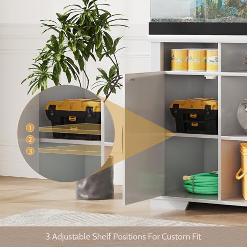 55-75 Gallon Fish Tank Stand with Power Outlet, Farmhouse 75 Gallon Aquarium Stand with Cabinet for Fish Tank Accessories Storage, Shelf, for Turtle Tank, Reptile Terrarium, 1000 LBS (White)