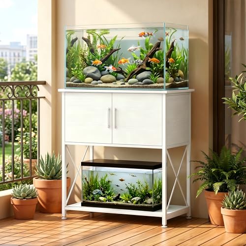 Herture 20-29 Gallon Aquarium Stand Metal Frame Fish Tank Stand with Cabinet Storage, for 20 Gallon Long Aquarium,30.7" L*16.5" W Tabletop,330LBS Capacity White PG01YGW - color: White, size: 20-29 Gallon