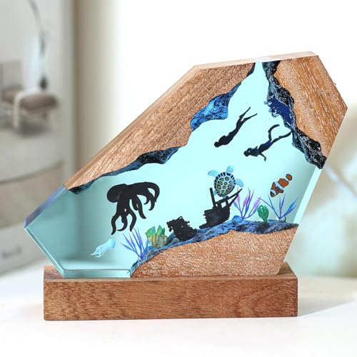 Octopus Ocean Resin Lamp, Handmade Wooden Table Resin Night Light, USB Port Art Ornaments for Home Office Decor, Scuba Diver Gifts for Birthday Holiday, Valentine's Day Gifts for Husband - color: Octopus, size: M
