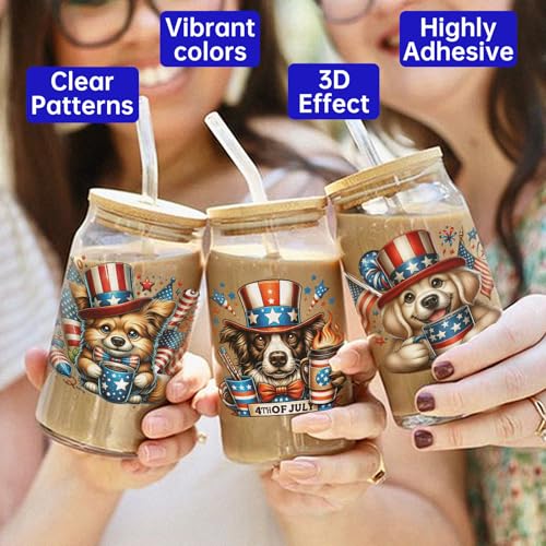 4 PCS 4th of July Dog UV DTF Cup Wrap, Rub on Transfer Stickers for 16oz Glass Mugs, High Viscosity Permanent UV DTF Sticker, Coffee Cups, Water Bottles and Personalized Crafts - style: 4th of July Dog