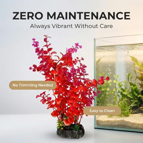 Mipukbay Red Aquarium Plants - Artificial Plastic Fish Tank Decor, Realistic Ornament Safe for Fish & Shrimp, Low-Maintenance Aquascaping Plants for Freshwater/Saltwater Tank Landscaping - color: Red