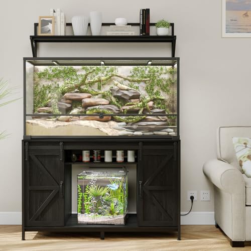 VOWNER Farmhouse Reptile Tank Stand with Power Outlet, 48" X 24" Tabletop Fits up 120 Gallon Bearded Dragon Tank, Heavy Duty Aquarium Stand with Storage Cabinet, Reptile Turtle Terrarium Stand Black - color: Black