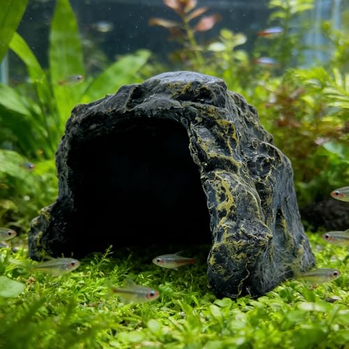 M2cbridge Aquarium Fish Hide Cave Reptile Hideout Cave Terrarium Amphibians Habitat Decor(Black Rock) - style: Rustic