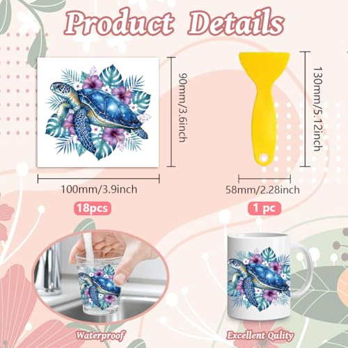 Peacoblue 18 Sheets Rub on Transfers for Crafts, Blue Sea Turtle with Coral Flowers 3.6"x3.9" UV DTF Cup Wraps Waterproof Cold Transfers Stickers for Glass Metal Cup Tumblers Mirrors Mugs Home Decor - style: Blue Sea Turtle with Coral Flowers