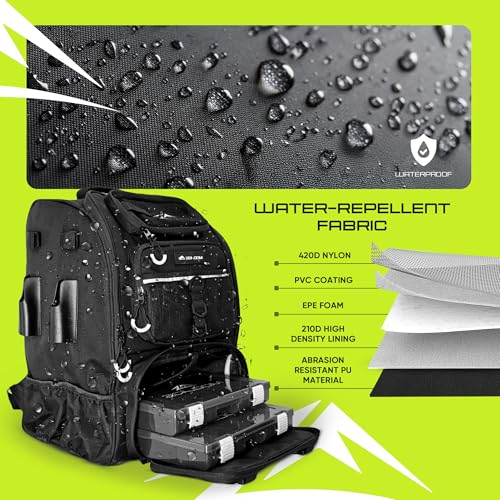 Waterproof Fishing Backpack with Tackle Boxes, Rod Holder & Foldable Net - 45L Fishing Tackle Bag with Trays Included, Extra Storage Gear and Equipment, Rain Cover, Fisherman Gift for Men - color: Large (45 L) - Black