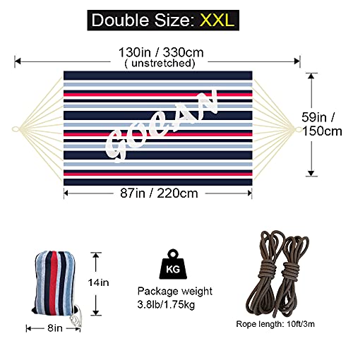 GOCAN Brazilian Double Hammock 2 Person Extra Large 220x160cm Total Length 330cm Load 500lb Canvas Cotton Hammock for Patio Porch Garden Backyard Lounging Outdoor and Indoor(Dark Blue) - color: Dark Blue