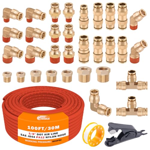 CheeMuii 3/8 Brass DOT Air Fittings With 100 FT 3/8" DOT Air Line Kit Quick Connect Air Line Fittings and Red Pneumatic Tubing for Semi Truck Trailer or Industrial Air Syste - color: red & gold, size: 3/8"100ft-35pcs