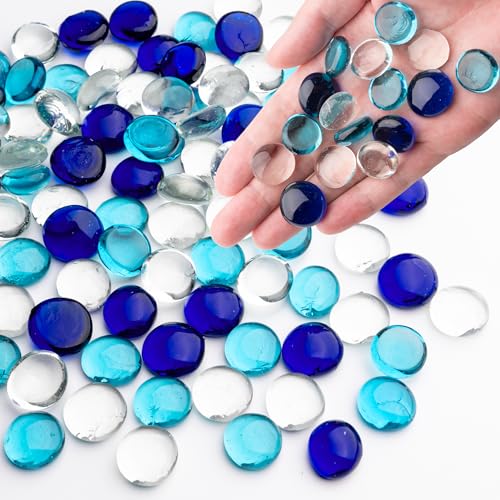 1LB Mixed Blue Glass Marbles, Transparent and Smooth Flat Glass Beads for Vases, Mosaic Gem Pebbles for Aquarium Decor, Floral Arrangements, Mancala Stones, Vase Filler and Crafts (Approx. 80-100 PCS) - color: Mixed Blue