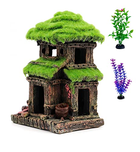 AWXZOM Fish House - Aquarium Decoration with Lifelike Moss, Comes with 2x Artificial Plants