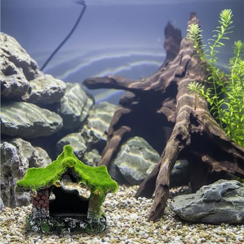 Resin Aquarium Decoration Cave with Moss, Hollow Fish Tank Hideout for Betta, Shrimp, Small Fish - Stable Base, Salt & Fresh Water Safe