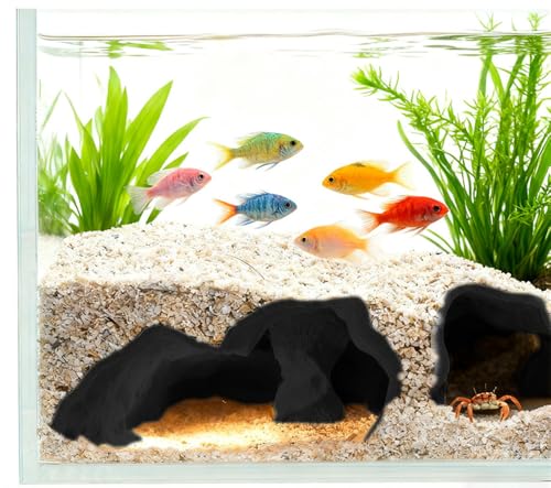 Aquarium Cave Tunnel 3D Printed - Fish Tank Decoration Natural Fish Hideout for Pleco, Shrimp & Corydoras | Sinking Base & Viewing Ports | Substrate-Friendly Decor (6.7" Under Gravel Design) - color: Black