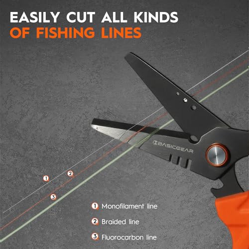 BasicGear Fishing Multi-Tool Scissors – Titanium-Coated, Stainless Steel, Multi-Tool Cutter with Hook Adjuster, Screwdriver, Bottle Opener, Sheath & Non-Slip Grip for Saltwater or Freshwater Use - color: 440a Stainless Steel