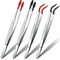 Zhehao 4 Pieces Tweezers with Rubber Tips PVC Coated Set Rubber Straight Flat Tip Long Bent Tweezers for Stamps Crafts Beads Jewelry Tools