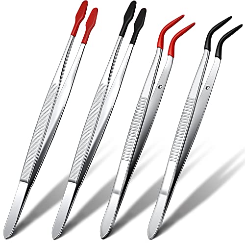 Zhehao 4 Pieces Tweezers with Rubber Tips PVC Coated Set Rubber Straight Flat Tip Long Bent Tweezers for Stamps Crafts Beads Jewelry Tools