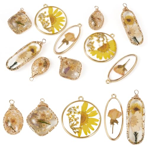 Transparent Flower Resin Charms Round Gold Edge Dried Floral Pendants Flat Round Clear Gold Foil Floral Charms for Necklace Bookmark Keychain Jewelry Making - color: Flower-7