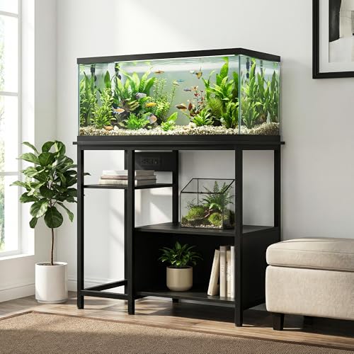 40-50 Gallon Fish Tank Stand with Power Outlets, Heavy Duty Metal and Wood Aquarium Stand with 4-Tier Open Storage Shelves, for Fish Tank, Turtle & Reptile Terrarium, 36.6" × 18.9" × 30.7" - color: Black, size: 36.6