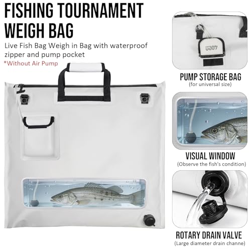 THKFISH Fish Tournament Weigh in Bag for Bass Fishing, Heavy Duty Insulated Live Fish Bag for Caught Fish with Waterproof Zipper and Mesh Liner, Leakproof,Puncture Resistant(White-25×23in) - color: White-25×23in
