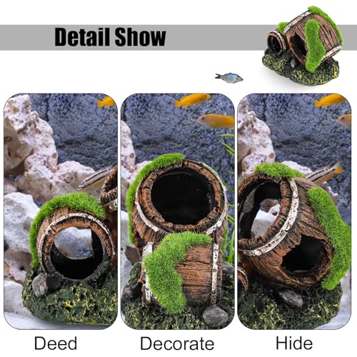 NQEUEPN Fish Tank Broken Barrel Decoration, Dual-Barrel Resin Aquarium Decor, Betta Fish Hideout, Brown Rustic Cave
